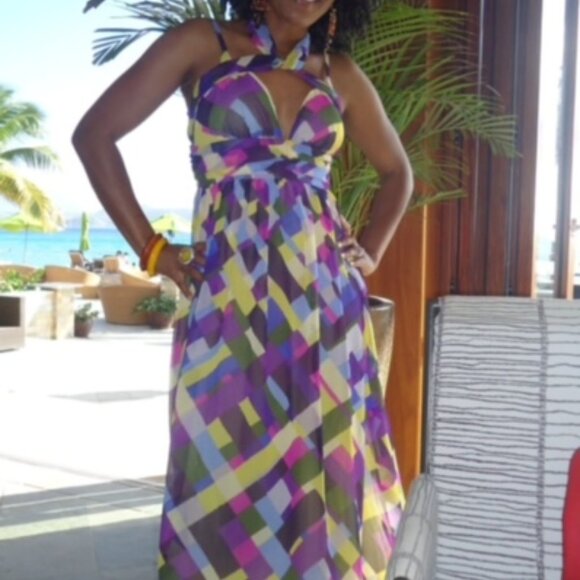 Moda International Women's Multi Color Halter Deep V-Neck Maxi Dress SZ S/P - Picture 3 of 9